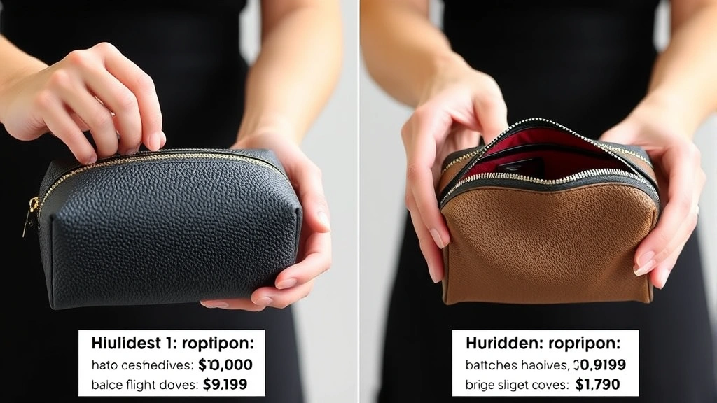 Side-by-side comparison showing hands holding and examining different cosmetic bags of varying price points, demonstrating material quality and craftsmanship differences