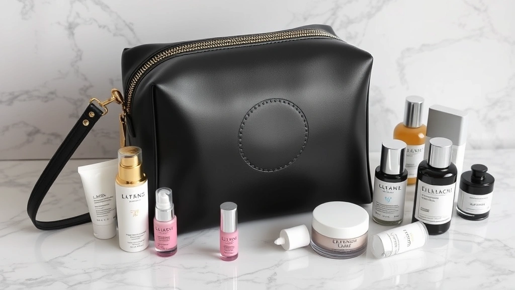 Luxury cosmetic bag displayed on marble surface with skincare products arranged nearby, emphasizing aesthetic appeal and functional storage for beauty collection