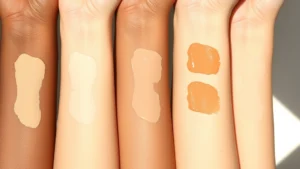 Close-up of diverse skin tones swatching peachy, neutral, and warm-toned foundation shades on forearms, natural sunlight illuminating the color accuracy and blendability of the makeup base