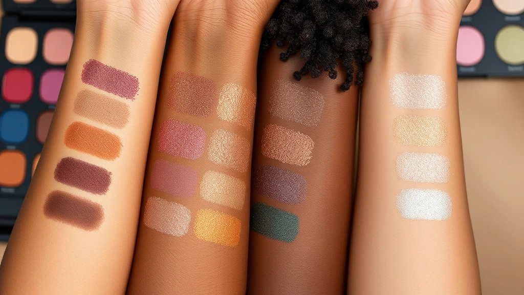 Close-up of diverse skin tones swatching colorful eyeshadow palettes on arms, showing vibrant pigmentation and blending without fallout, natural lighting highlighting shimmer finishes