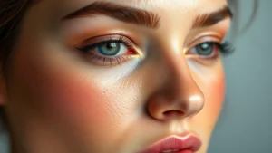 Close-up of dewy, luminous skin with subtle makeup highlighting cheekbones and natural glow, soft studio lighting, diverse skin tone