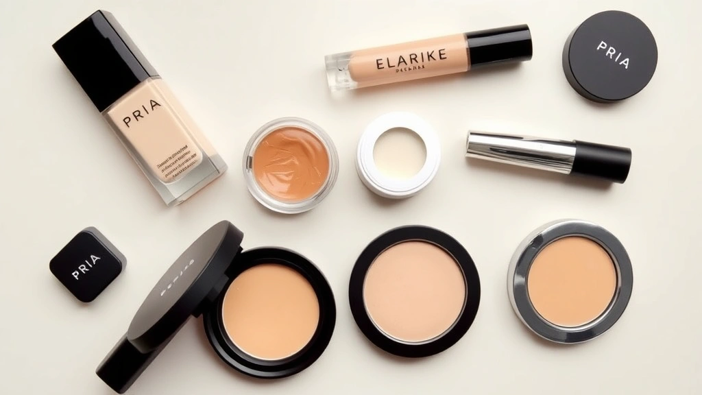 Flatlay composition of Priia cosmetics products arranged artistically: open foundation bottles, cream eyeshadow pots, concealer tubes, and powder compacts in minimalist aesthetic against neutral backdrop