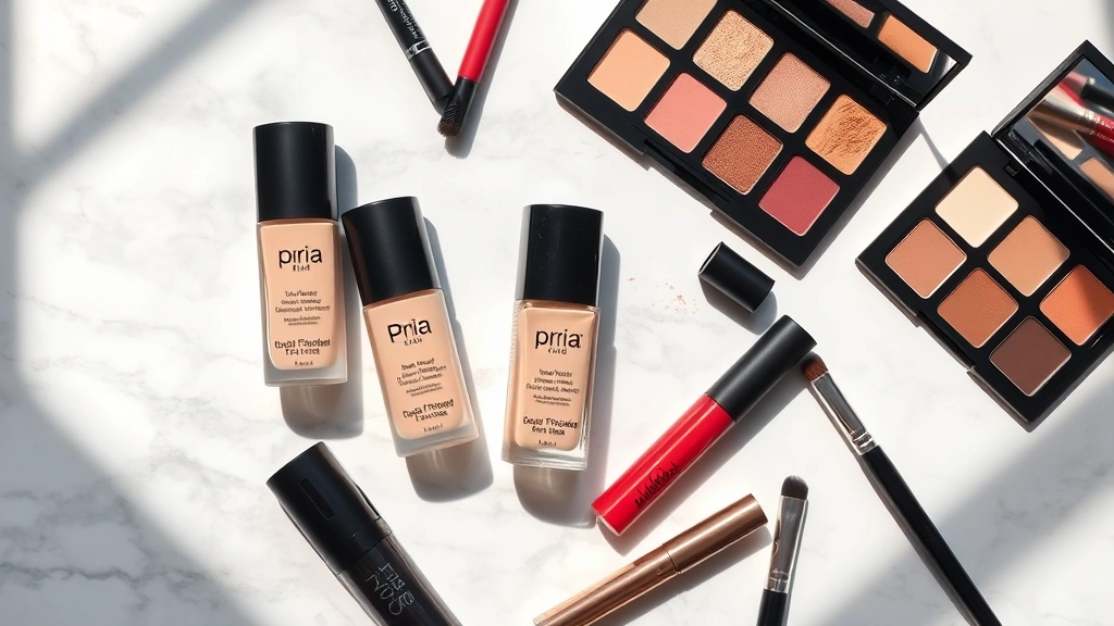 Beauty flat lay featuring Priia foundation bottles, liquid lipsticks, eyeshadow palettes, and brushes arranged artfully on marble surface with soft shadow play