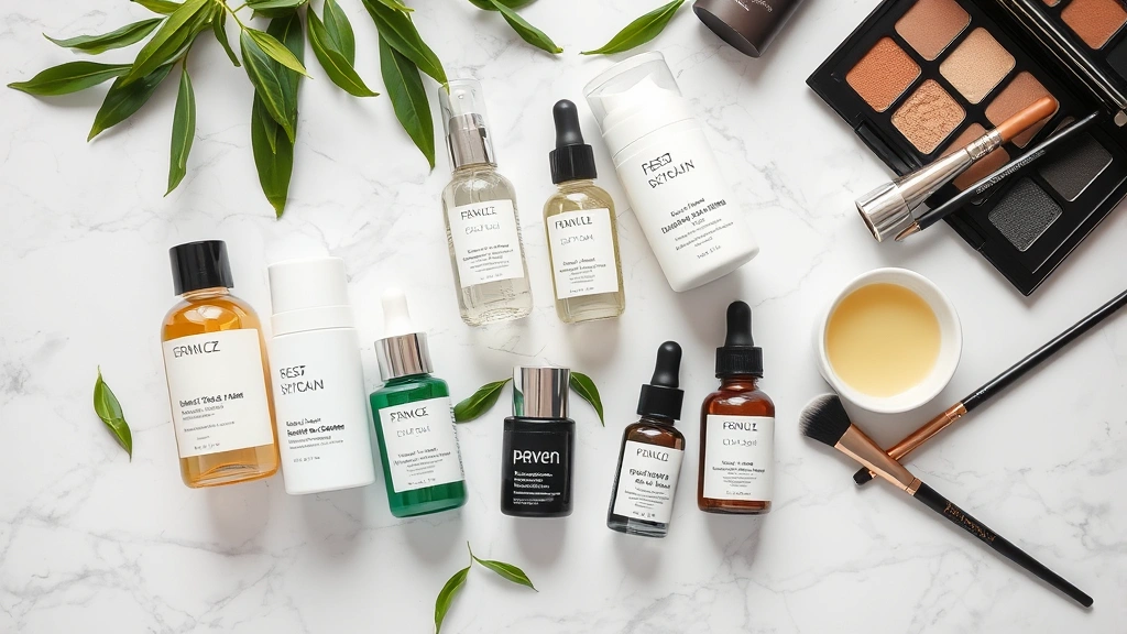 Organized skincare and makeup products arranged artfully with green tea leaves, serums, and brushes on marble surface, professional beauty photography