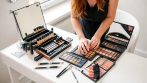 Professional makeup artist arranging organized cosmetic kit with multiple foundation bottles, eyeshadow palettes, and brushes on white vanity table with natural window lighting