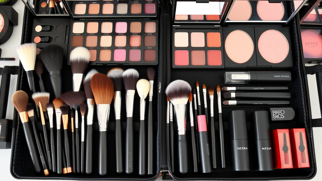 Professional makeup brushes arranged by size and type in organized case with eyeshadow palettes, lipsticks, and blush products, showing organized professional setup