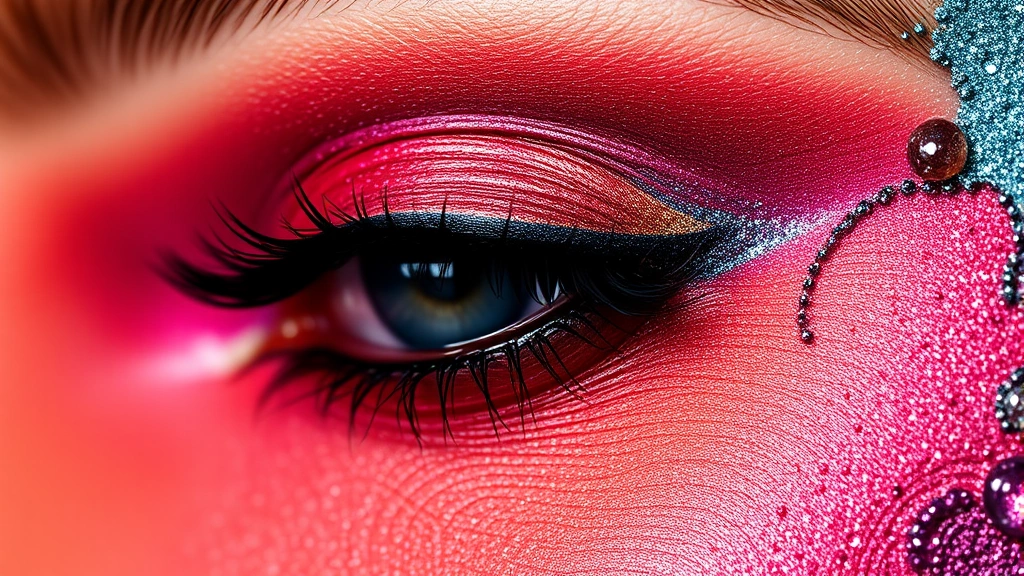 Close-up of vibrant eyeshadow palette with deep jewel tones and shimmer, showing rich pigmentation and smooth texture, professional makeup photography