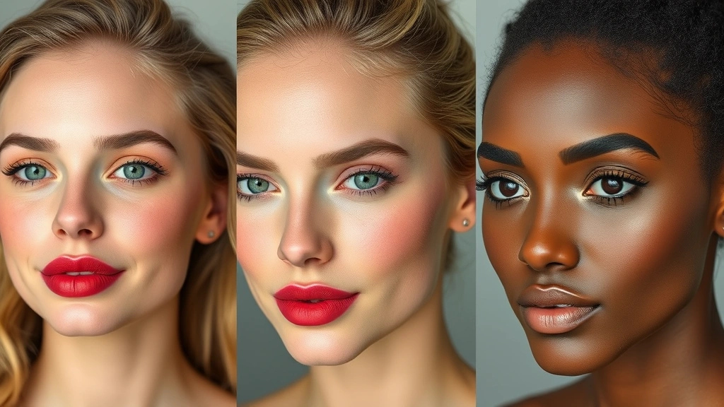 Diverse skin types showing makeup application results, including fair, medium, and deep skin tones with bold lip and eye color, natural lighting