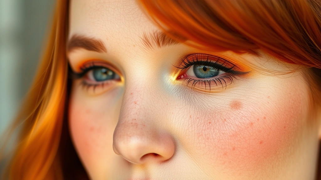 Close-up of warm-toned redhead woman wearing peachy-coral blush and warm gold eyeshadow, professional makeup artistry, natural lighting, freckles visible, soft focus background