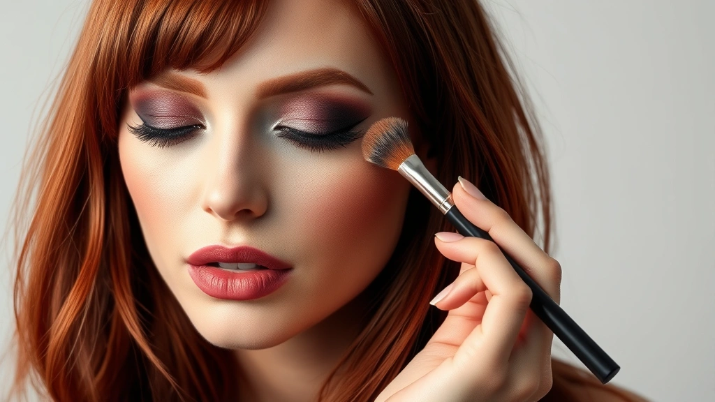 Cool-toned redhead model with burgundy hair applying plum eyeshadow using fluffy blending brush, detailed makeup application technique, studio lighting, beauty photography