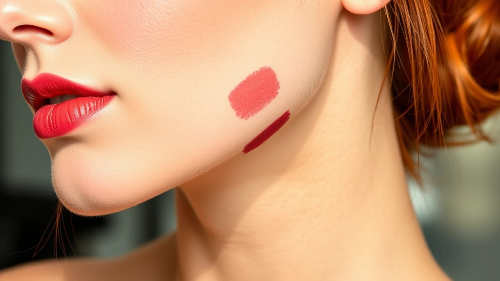 Redhead woman showcasing multiple lip color swatches on skin near jawline, including warm coral, cool berry, and burgundy shades, professional cosmetics display, natural daylight