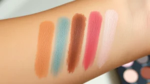 Close-up of colorful eyeshadow palette swatches on varied skin tone arms, showing rich pigmentation and blendable texture without fallout, natural daylight photography