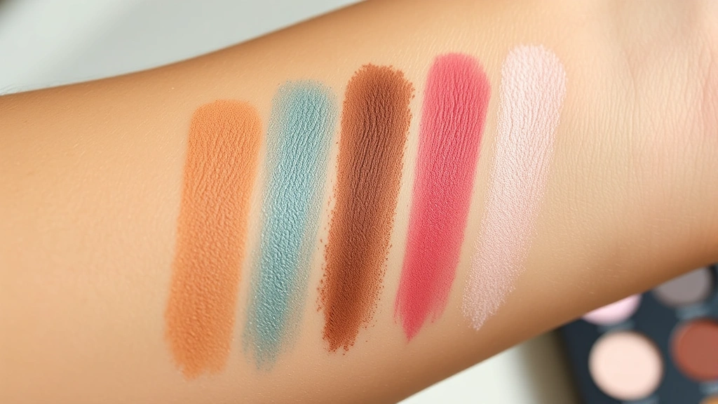 Close-up of colorful eyeshadow palette swatches on varied skin tone arms, showing rich pigmentation and blendable texture without fallout, natural daylight photography