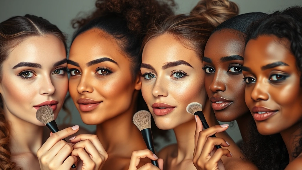 Diverse group of women with different skin tones applying foundation with makeup brushes, showing flawless blending and natural finish, professional beauty photography