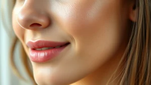 Close-up of a woman's face with radiant, clear skin glowing in soft natural light, emphasizing healthy skin texture and luminosity without visible blemishes