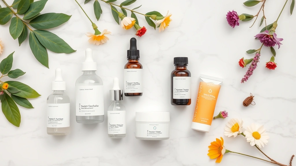 Flat lay of skincare products including serums, moisturizers, and sunscreen arranged on white marble surface with fresh botanicals, no visible packaging text or labels