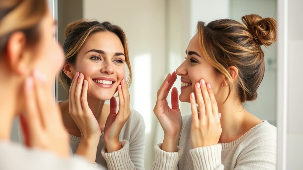 Woman applying moisturizer to her face with fingertips in a bathroom mirror, showing gentle application technique and satisfied expression, soft morning lighting