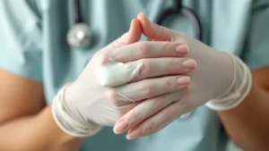 Close-up of a nurse's hands applying moisturizer cream after removing medical gloves, showing healthy hydrated skin with a gentle moisturizer being massaged into palms and fingers, soft clinical lighting, realistic texture