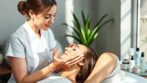 Professional esthetician performing skincare consultation with client, examining facial skin under natural light, serene spa environment with white towels and skincare products visible