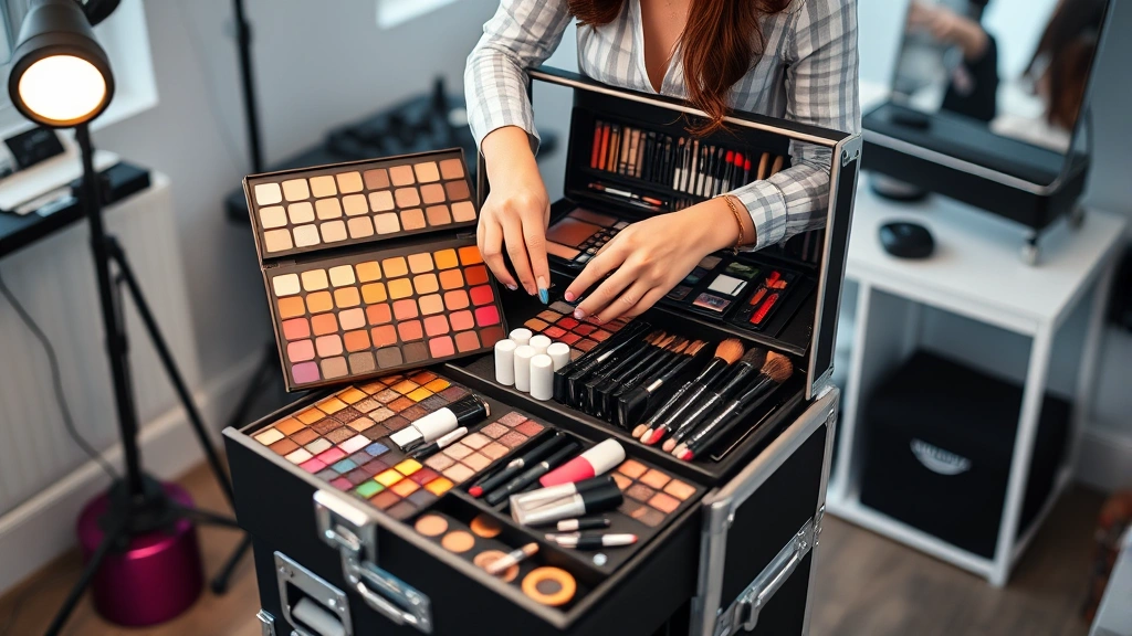 Professional makeup artist organizing colorful eyeshadow palettes, liquid foundations, and brushes inside an open rolling cosmetic case with multiple pull-out drawers in a bright studio setting