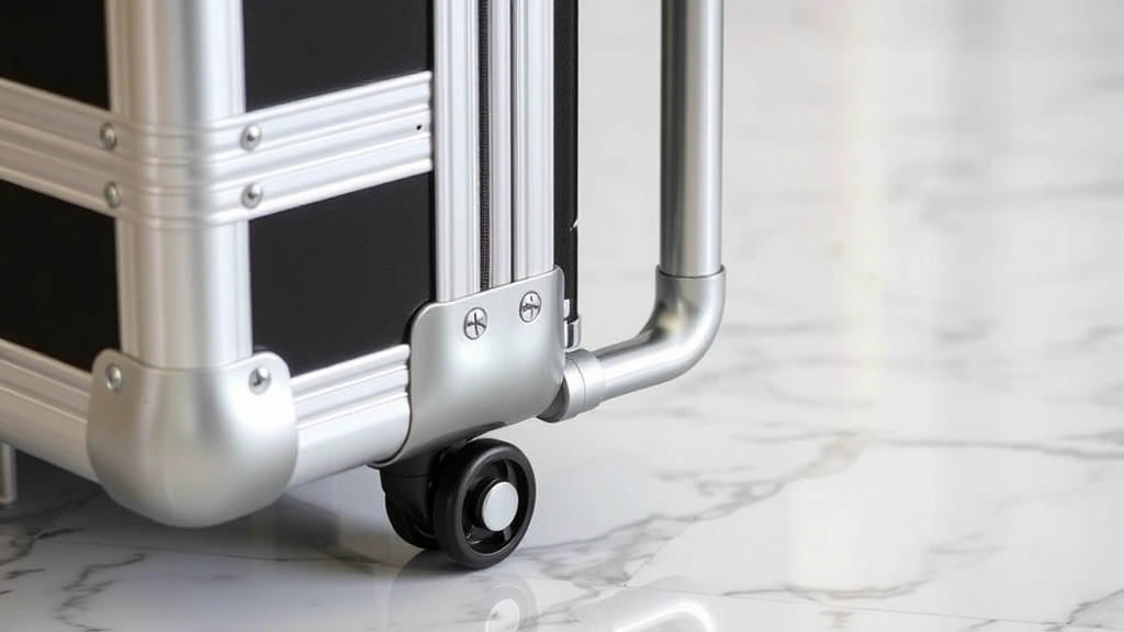 Close-up of premium rolling cosmetic case exterior showing smooth four-wheel system, ergonomic telescoping handle, and polished aluminum frame in black finish on marble floor