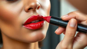 Professional makeup artist applying vibrant ruby red lipstick on diverse model's lips, close-up shot showing smooth application and rich color payoff, natural lighting highlighting lip texture and glossy finish
