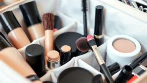 Close-up of various cosmetic products and brushes arranged neatly in a white cosmetic bag with organized compartments showing foundations, eyeshadows, mascara, and makeup tools