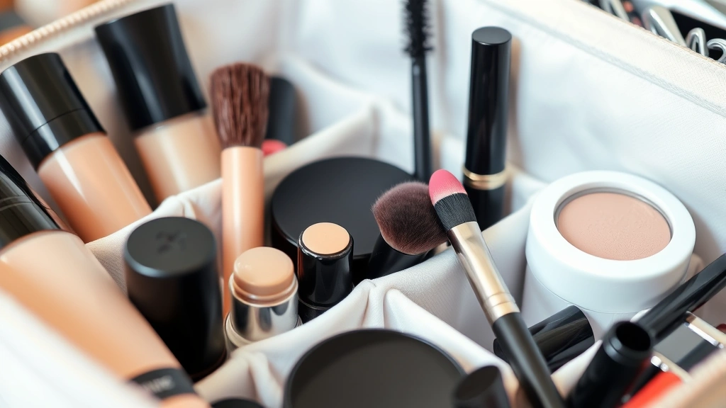 Close-up of various cosmetic products and brushes arranged neatly in a white cosmetic bag with organized compartments showing foundations, eyeshadows, mascara, and makeup tools