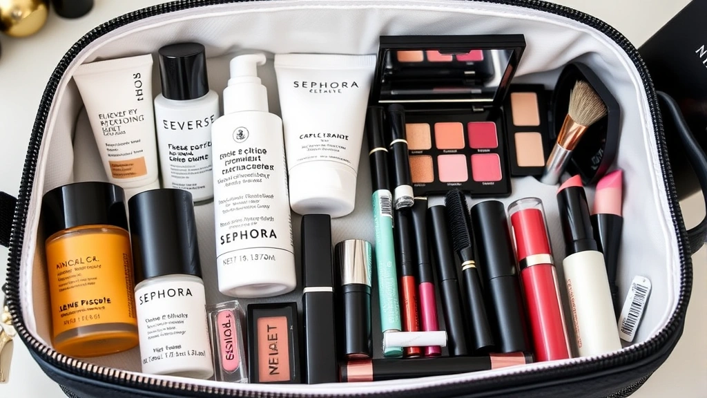 Organized Sephora cosmetic bag displaying skincare bottles, makeup palettes, brushes, and lip products neatly arranged in separate compartments with natural lighting