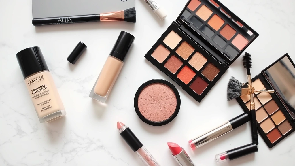 Beauty essentials flat lay including foundation, concealer, eyeshadow palette, mascara, brushes, and lip products arranged artistically on a light marble surface