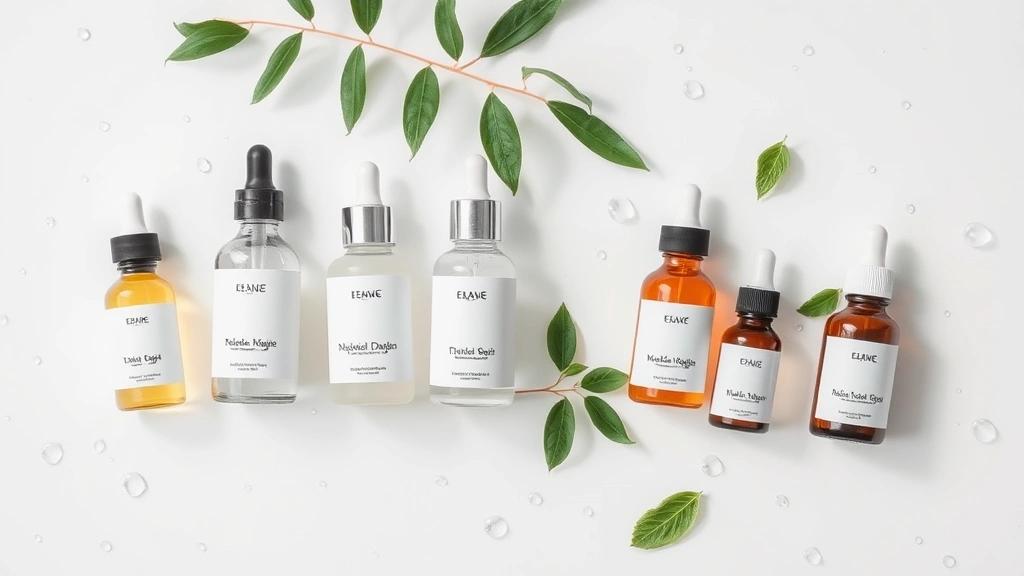Arranged skincare bottles and serums on a clean white surface with water droplets and green botanical elements, professional product photography style