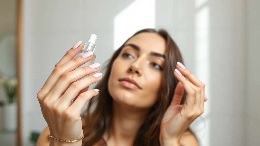 Woman applying lightweight serum to her face with fingertips, demonstrating skincare routine, natural bathroom lighting, focus on skin texture and glow