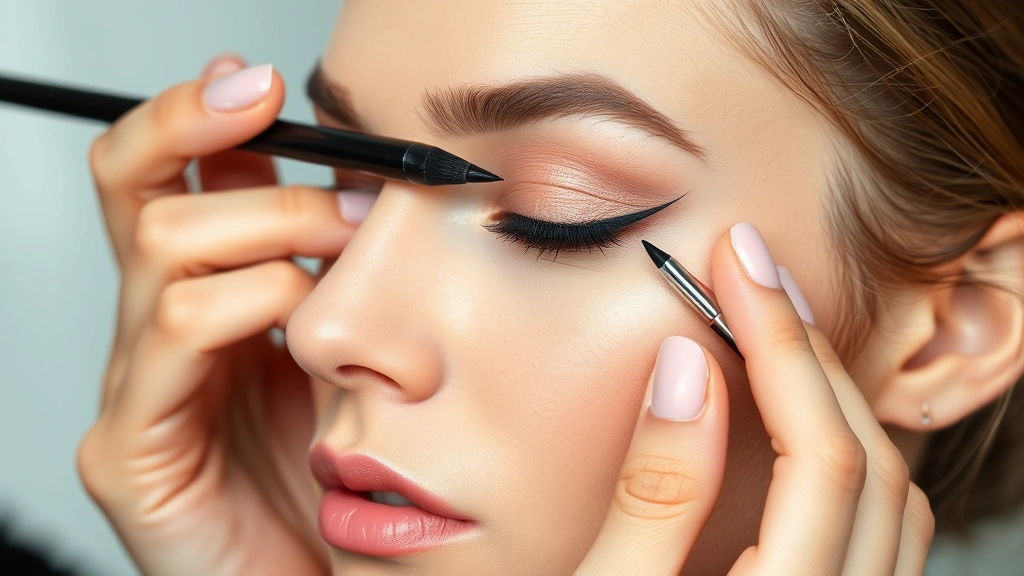 Beauty professional applying liquid eyeliner with precision brush, dramatic winged liner on model with natural skin tone, sharp focus on eye area showing application technique