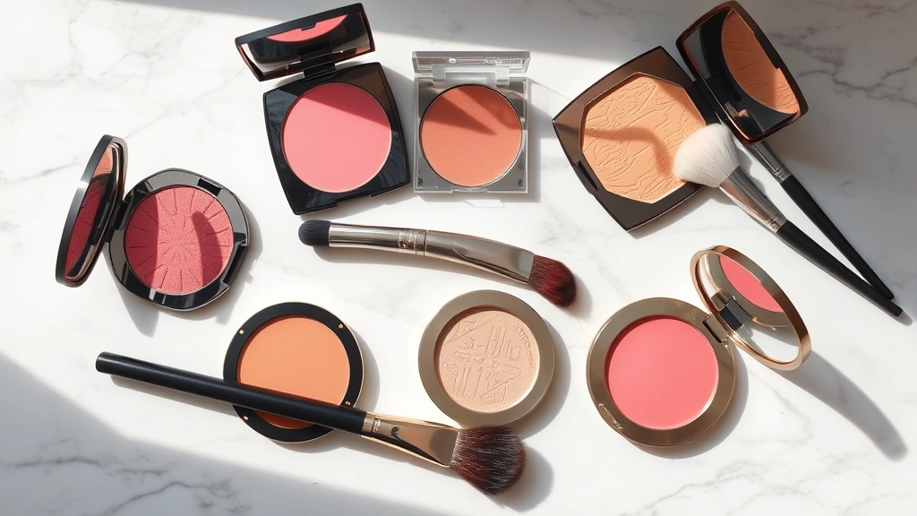 Flatlay arrangement of colorful blush, bronzer, and highlighter compacts with makeup brushes on marble surface, natural window lighting creating soft shadows, minimalist aesthetic