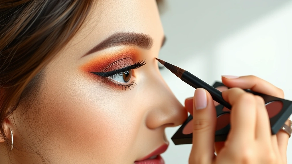 Professional makeup artist applying vibrant eyeshadow palette to model's eyelid, showing blended gradient from warm bronze to deep plum tones, natural studio lighting highlighting texture and pigmentation quality