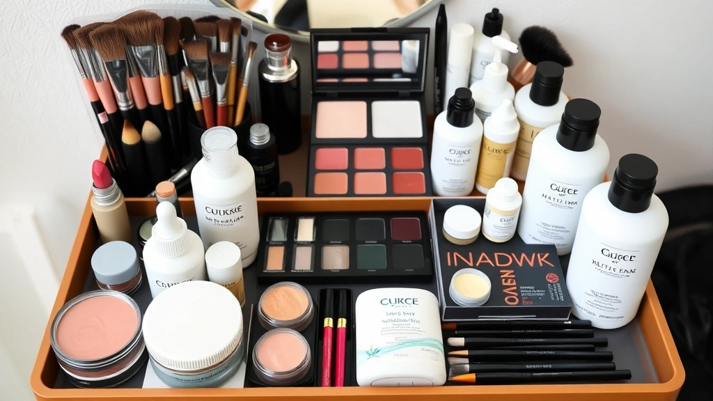 Makeup artist's professional kit organized with cosmetics, brushes, and skincare products, showcasing clean, minimalist aesthetic with natural ingredients visible through product containers