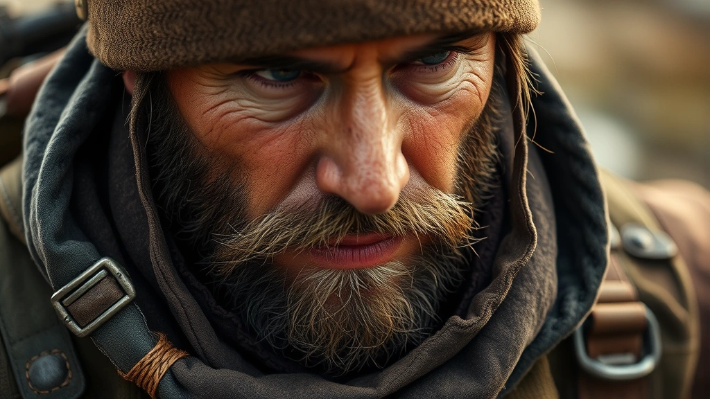 Close-up of a rugged male character with bushman aesthetic wearing layered tactical gear, leather accents, and weathered textures in warm earth tones. Natural outdoor lighting highlighting texture details.