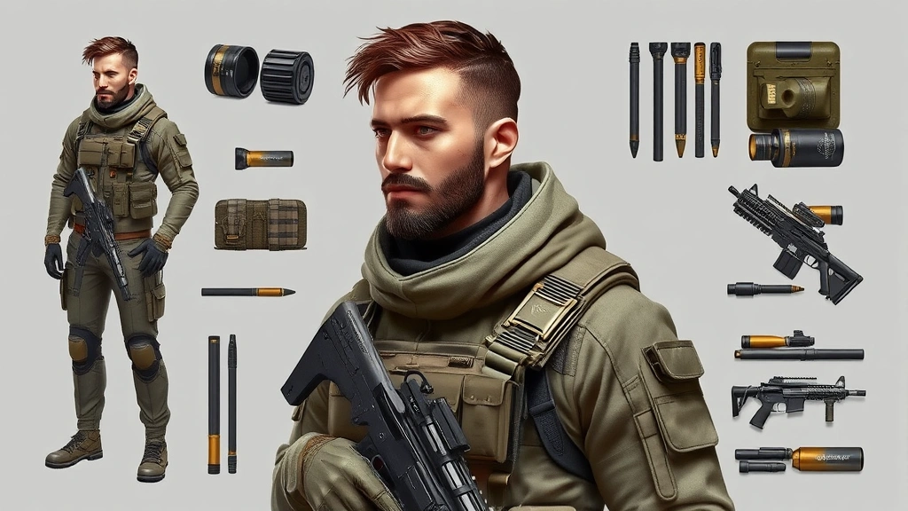 Professional tactical gear cosmetic setup on a male character showing coordinated metallic paint finishes across multiple items, clean silhouettes, neutral color palette with gold accents.