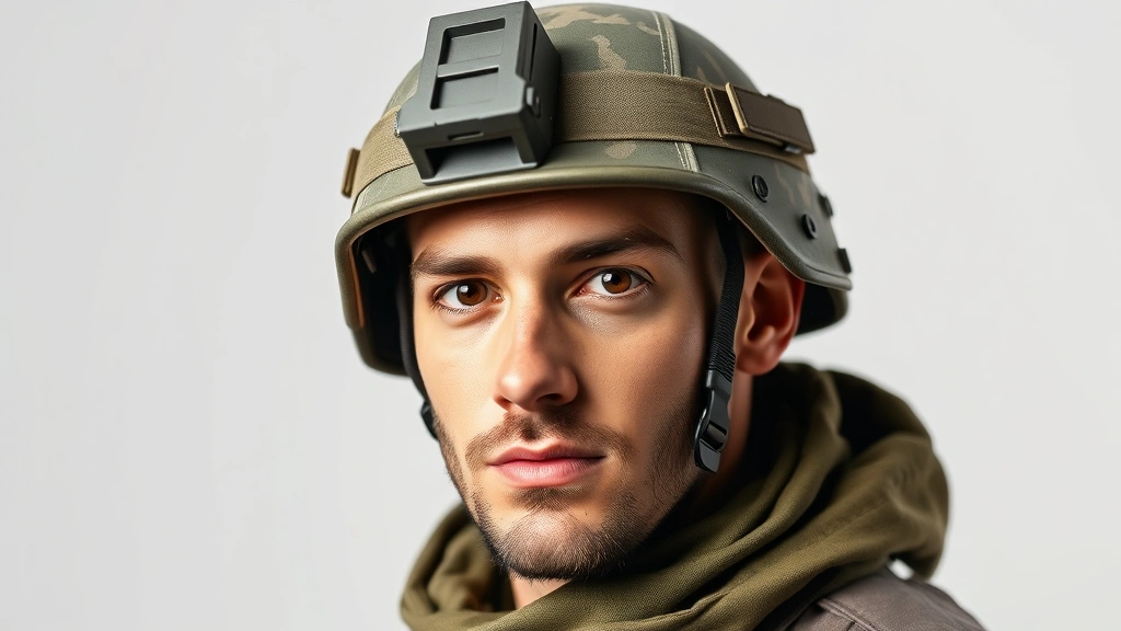 Professional male model wearing military-style headwear and tactical gear, studio lighting, clean background, showcasing cosmetic accessories and headpiece details