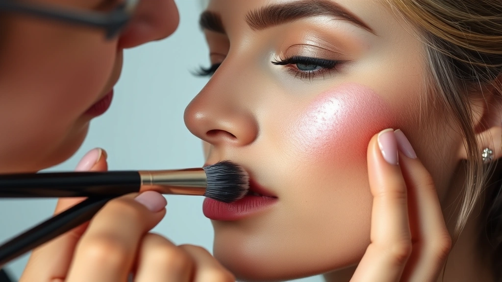 Close-up of professional makeup artist applying vibrant cosmetic primer to model's cheekbone with precision brush, studio lighting highlighting product texture and blend, photorealistic beauty photography