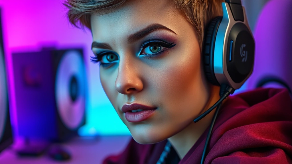 Close-up of a gamer wearing bold, professional makeup with perfectly blended eyeshadow in cool tones and sharp eyeliner, sitting at a gaming desk with RGB lighting in background, confident expression