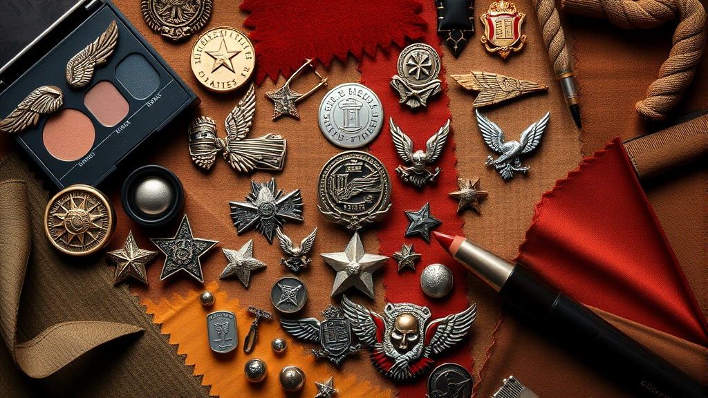 Overhead flat lay of various cosmetic items arranged artfully: vintage military badges, decorative hat pins, fabric swatches in earth tones and metallics, professional product photography style