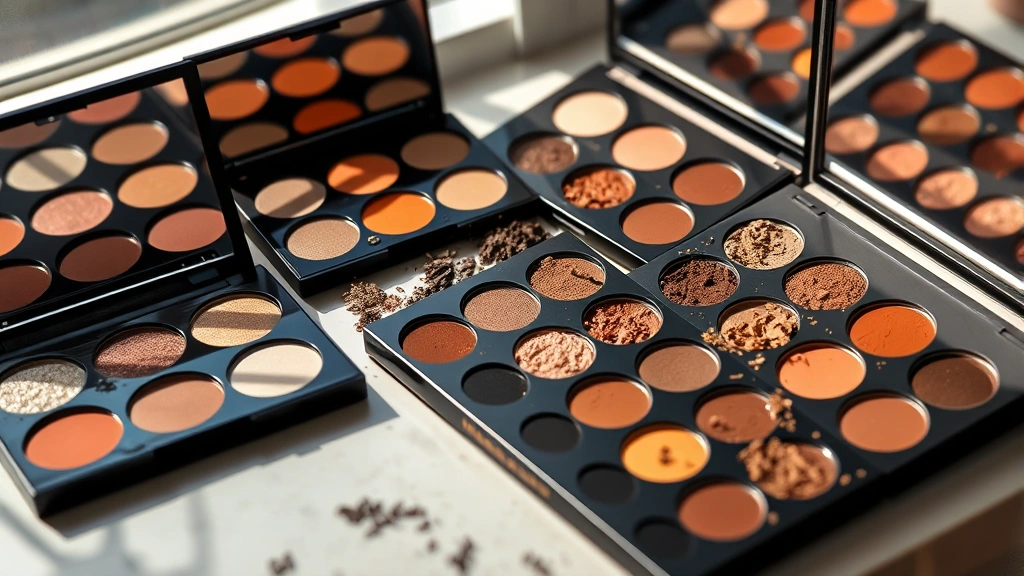 Array of luxury cosmetic palettes displaying rich pigmented eyeshadows in military-inspired metallics and golds, professional product photography with natural window lighting and soft shadows