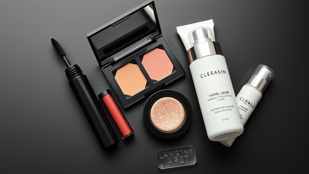 Flat lay arrangement of long-wear cosmetic products including waterproof mascara, transfer-resistant liquid lipstick, eyeshadow palette with matte and shimmer finishes, and primer bottles on sleek dark surface