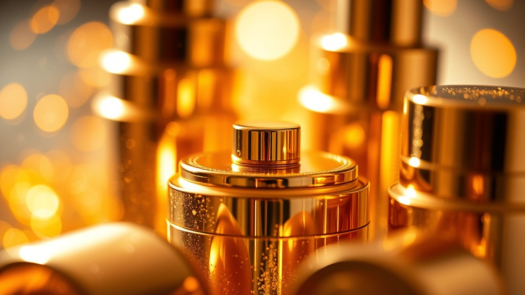 Close-up of premium cosmetic items with golden and fiery visual effects, professional lighting highlighting metallic details and particle effects, luxury product photography aesthetic