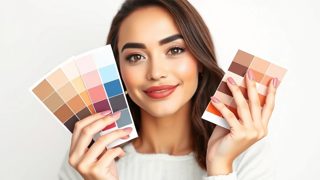 Beauty expert demonstrating cosmetic color coordination theory with swatches showing complementary paint colors and skin tone matching, educational beauty content photography with clean white background