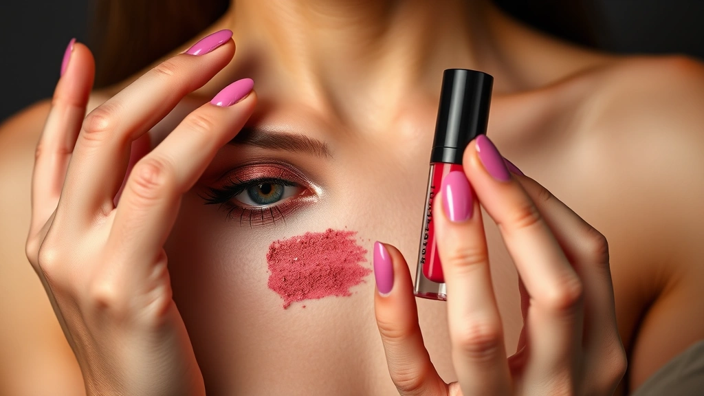 Beauty product shot showing hands swatching highly-pigmented eyeshadow and liquid lipstick on skin, demonstrating rich color payoff and blendability with professional studio lighting
