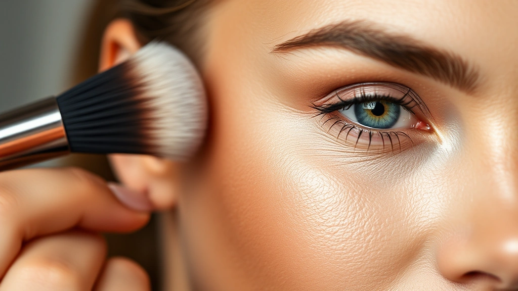 Close-up of a woman's face with flawless, dewy makeup showing foundation application on cheekbones, professional makeup artist applying with brush, natural lighting highlighting skin texture and coverage
