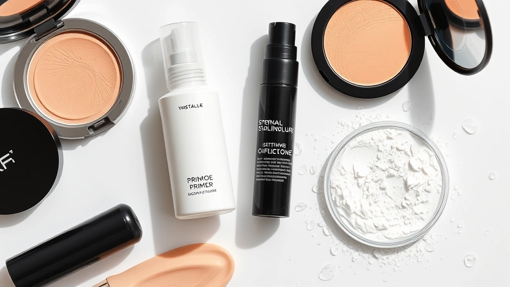 Flat lay composition of sweat-proof makeup products including silicone primer, waterproof mascara, setting spray, and translucent powder on a white surface with fresh water droplets, professional product photography