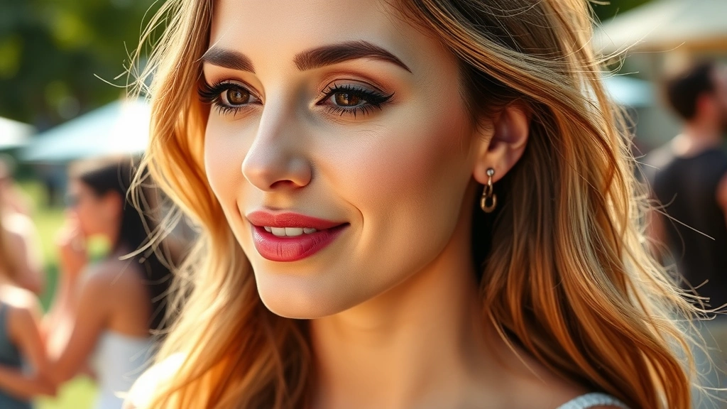 Woman at outdoor summer event wearing long-wear makeup, glowing skin, mascara and lip color intact, active lifestyle setting with natural sunlight, no visible makeup breakdown or smudging